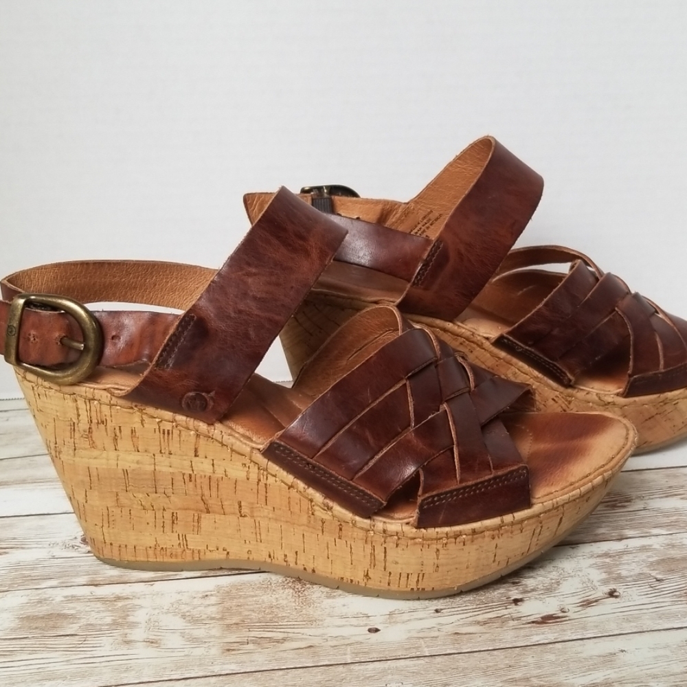 BORN Leather Cork Wedge Strappy Sandal Size 8